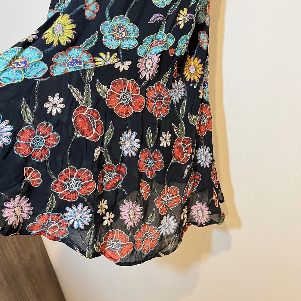 VTG Chico's Skirt Midi Pull On Black Floral Embroidered Beaded Size 2 (US Large) - Picture 5 of 6